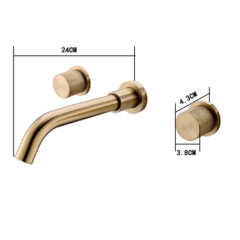 Brushed Gold Wall-Mount Brass Bathroom Faucet, Double Knurled Knob Handle Faucet