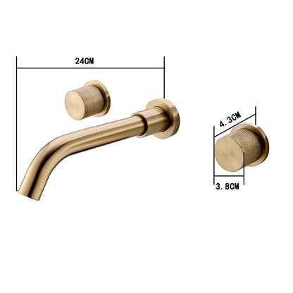 Brushed Gold Wall-Mount Brass Bathroom Faucet, Double Knurled Knob Handle Faucet