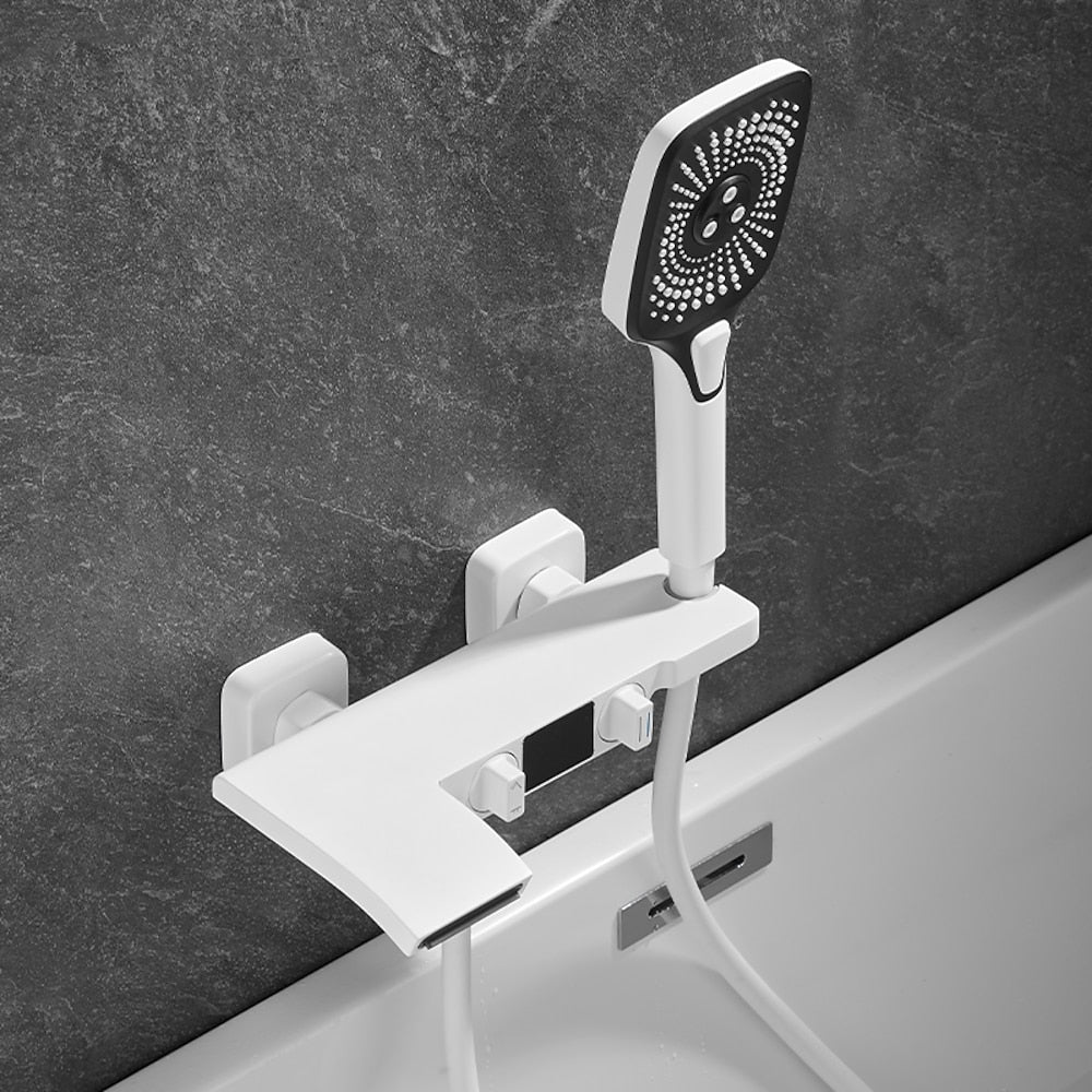 Wall-Mount Waterfall Tub Faucet, Dual-Handle Bath Mixer Tap with Handheld Shower