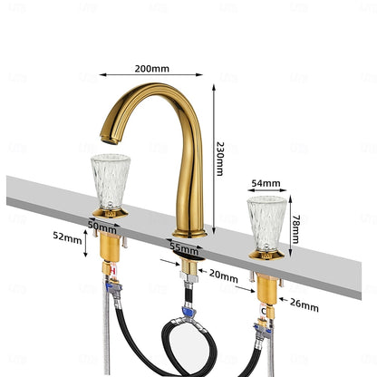 Polished Gold Modern Widespread Bathroom Faucet, High Arc Faucet with Crystal Knob Handles