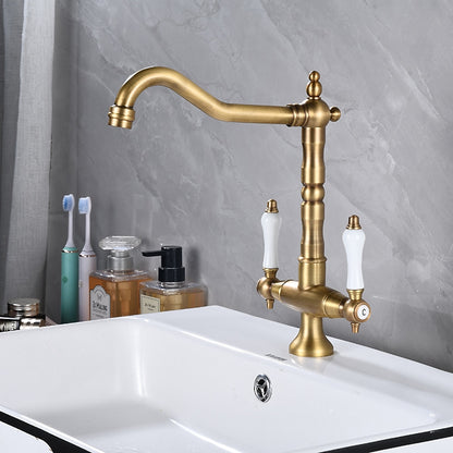 Antique Single-Hole Bathroom Faucet, Dual Ceramic Handle Swivel Spout Faucet, Antique Brass / Brushed Nickel / Chrome / Matte Black / Polished Gold