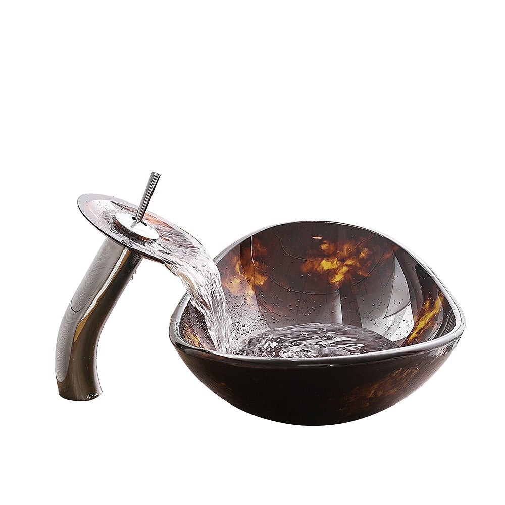 Waterfall Faucet, Brown Oval Glass Vessel Sink with Pop-Up Drain