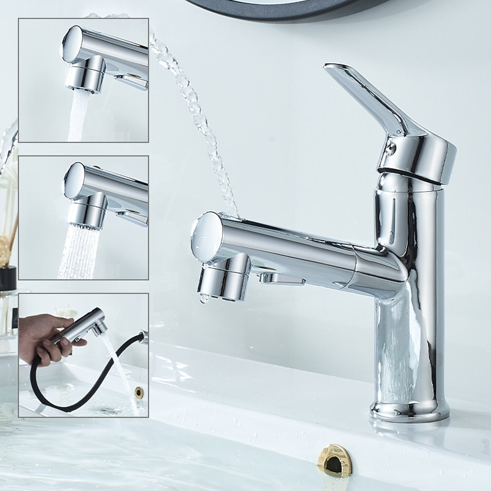Modern Pull-Out Spray Bathroom Faucet, Single-Handle Brass Faucet, Matte Black / Chrome