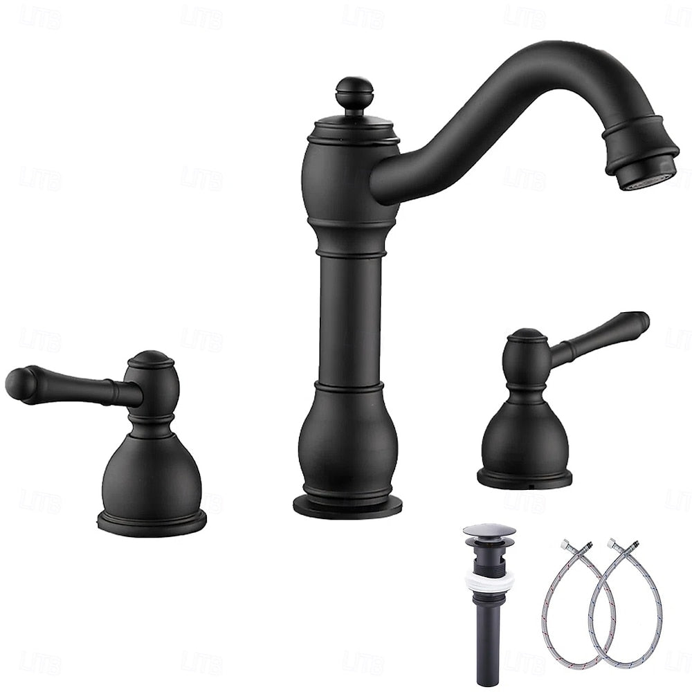 Vintage 8-Inch Widespread Bathroom Faucet, Two-Handle Brass Basin Faucet with Pop-Up Drain, Antique Brass / Matte Black