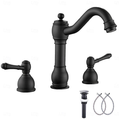 Vintage 8-Inch Widespread Bathroom Faucet, Two-Handle Brass Basin Faucet with Pop-Up Drain, Antique Brass / Matte Black