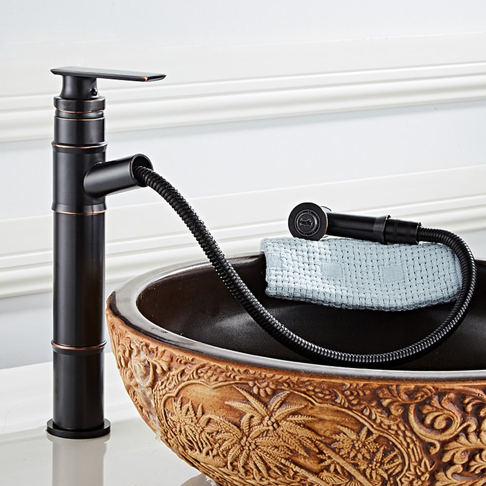 Pull-Out Spray Single-Hole Faucet, Single-Handle Brass Vintage Bathroom Faucet, Matte Black / Oil-Rubbed Bronze / Antique Brass / Brushed Nickel