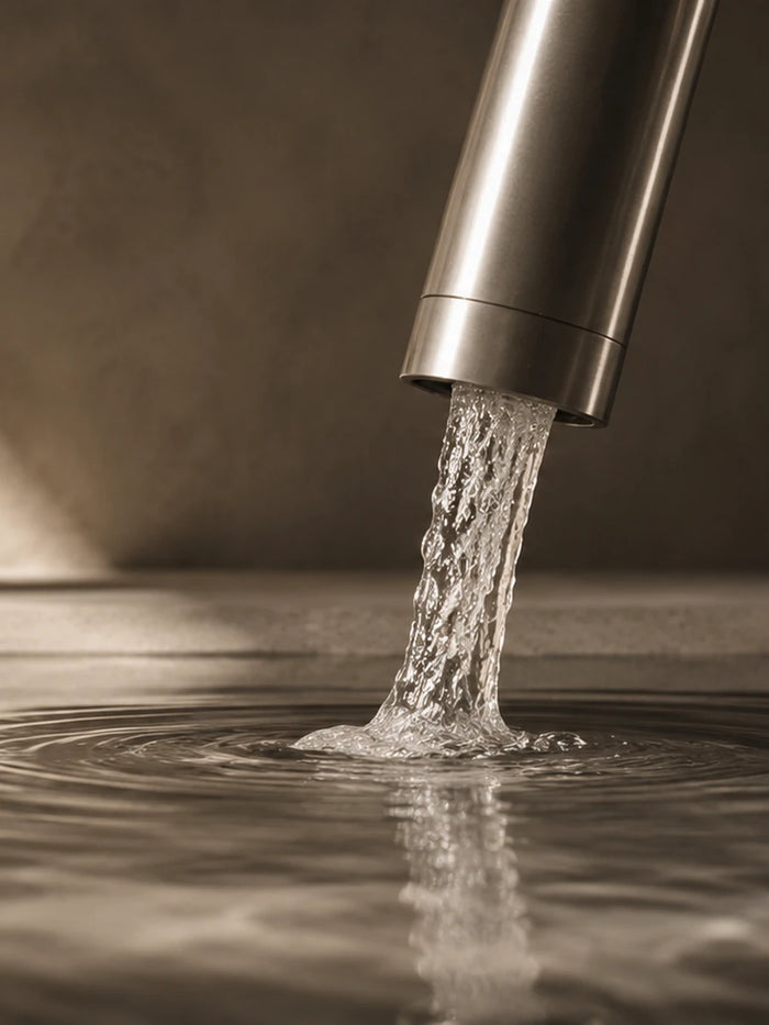 Water and metal detail in a refined bathroom setting