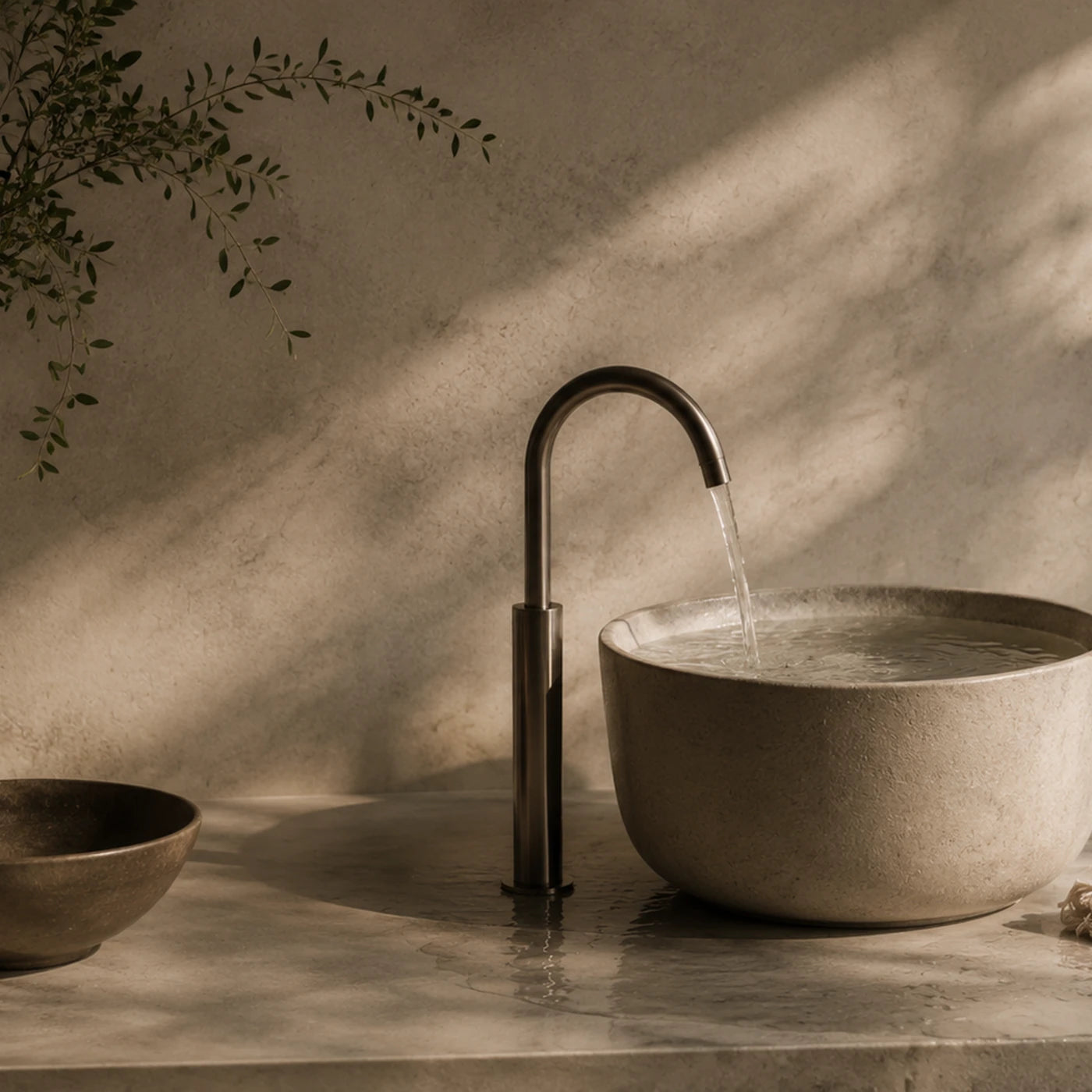 Water and metal detail in a refined bathroom setting