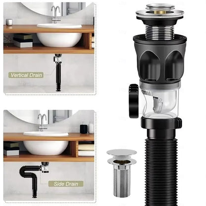 Chrome Pop-Up Bathroom Sink Drain Kit, Flexible Expandable P-Trap Pipe with Anti-Clogging Stopper