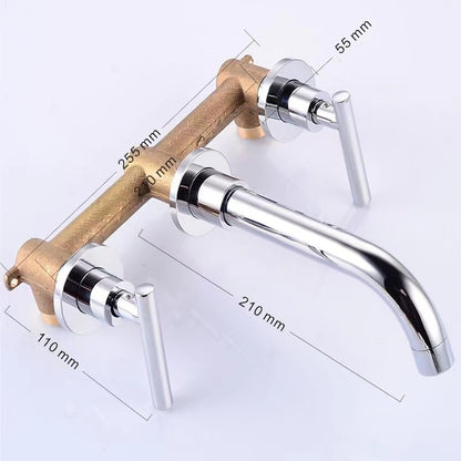Modern Minimalist Wall-Mount Dual-Handle Bathroom Faucet, Long Spout Brass Sink Faucet, Matte Black / Chrome