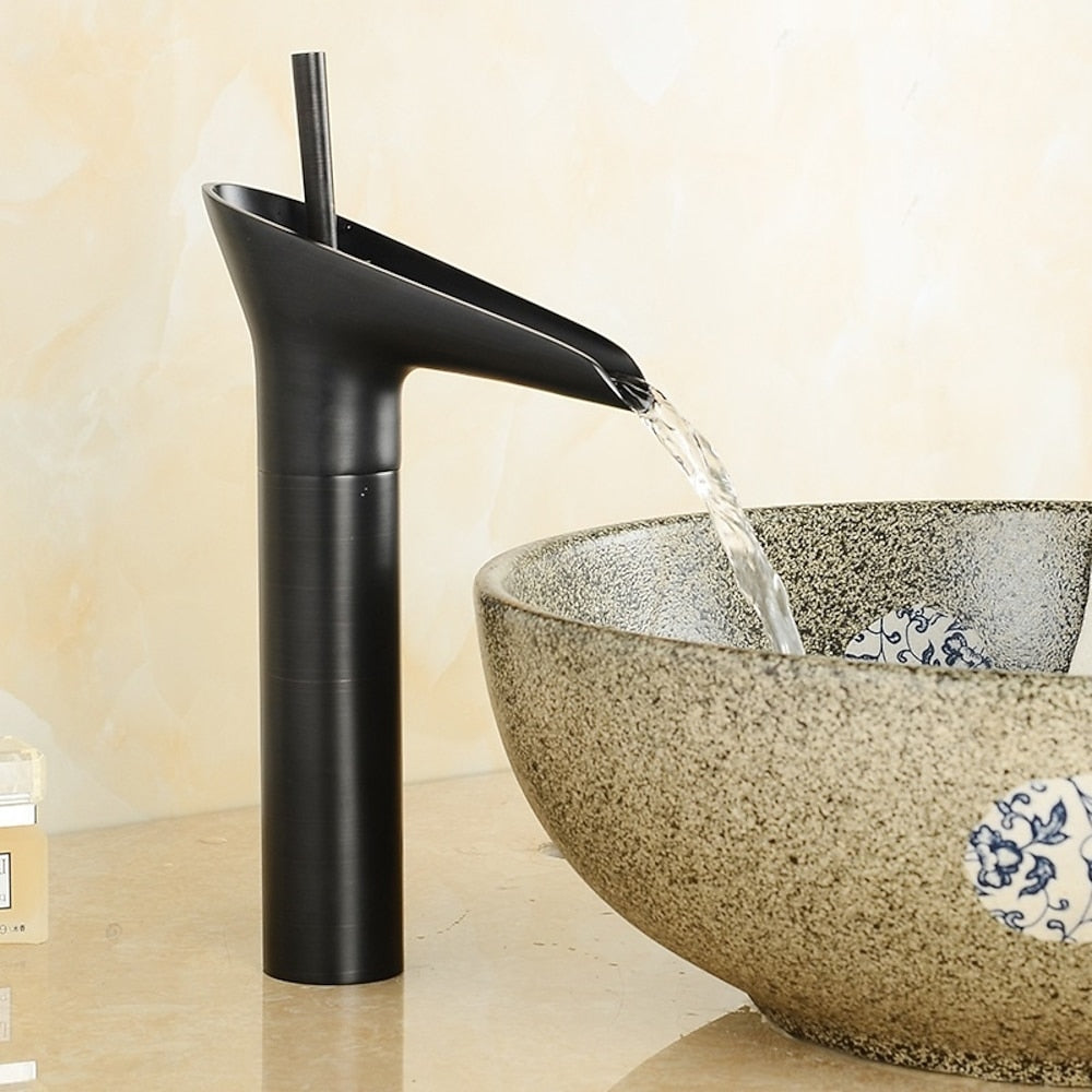 Waterfall Vessel Bathroom Faucet, Single-Handle Brass Faucet, Antique Brass / Matte Black / Chrome
