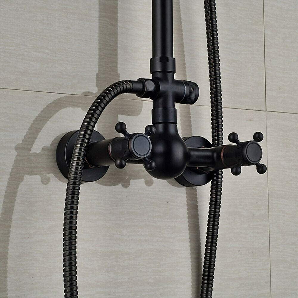 Oil-Rubbed Bronze Traditional Wall-Mounted Rainfall Shower System, Dual-Handle Brass Faucet with Handheld Shower