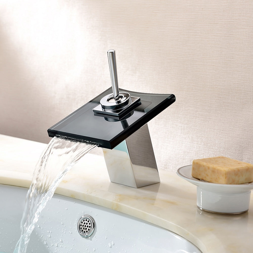 Waterfall Chrome Bathroom Faucet, Single-Handle Single-Hole Glass Spout Faucet