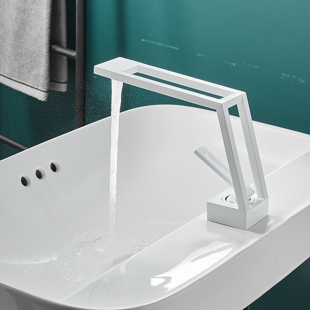Modern Waterfall Bathroom Faucet, Single-Handle Brass Sink Faucet, Matte Black / Brushed Gold / Gunmetal / Matte White
