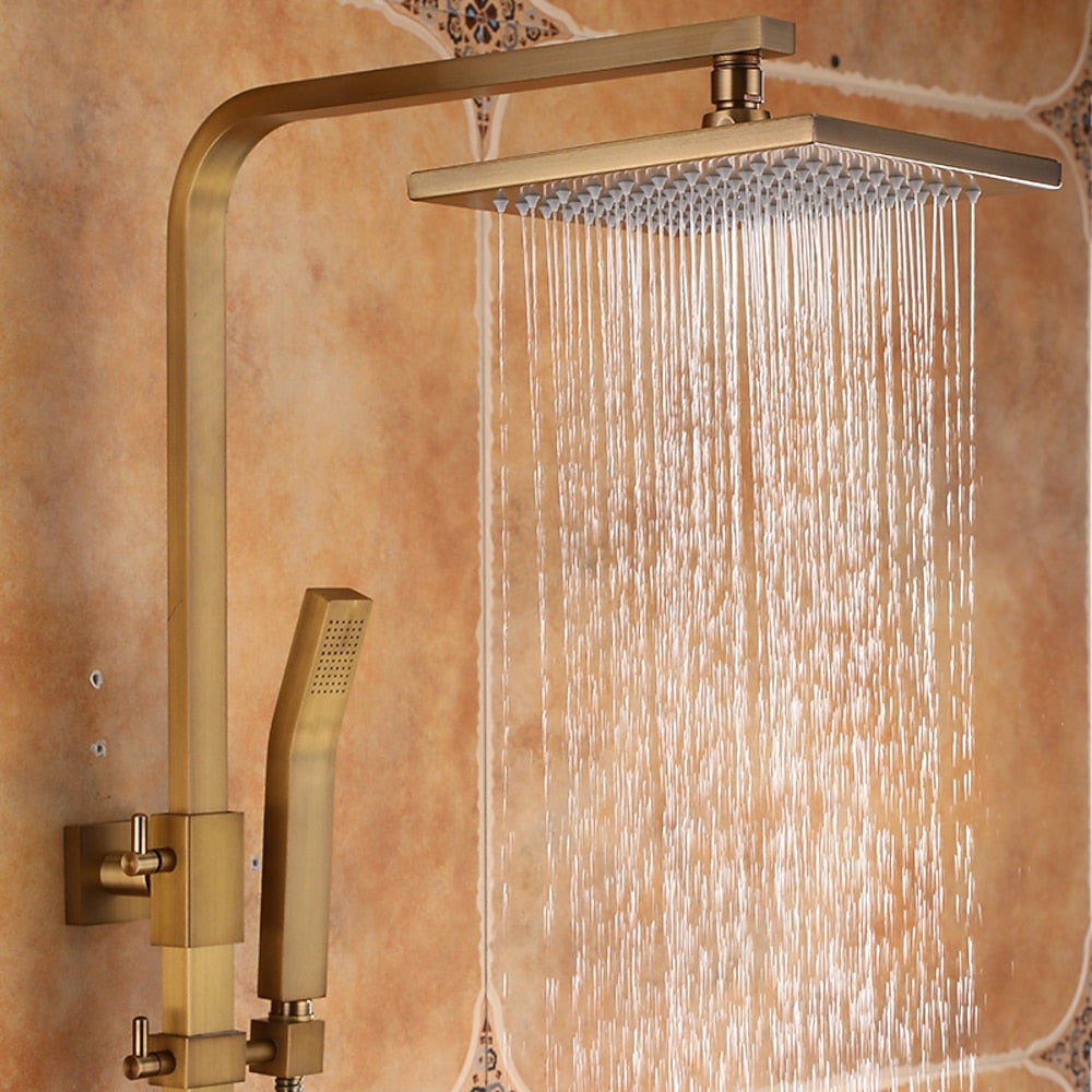 Rainfall Wall-Mounted Shower System, Single-Handle Tub Spout Faucet, Antique Brass / Brushed Nickel