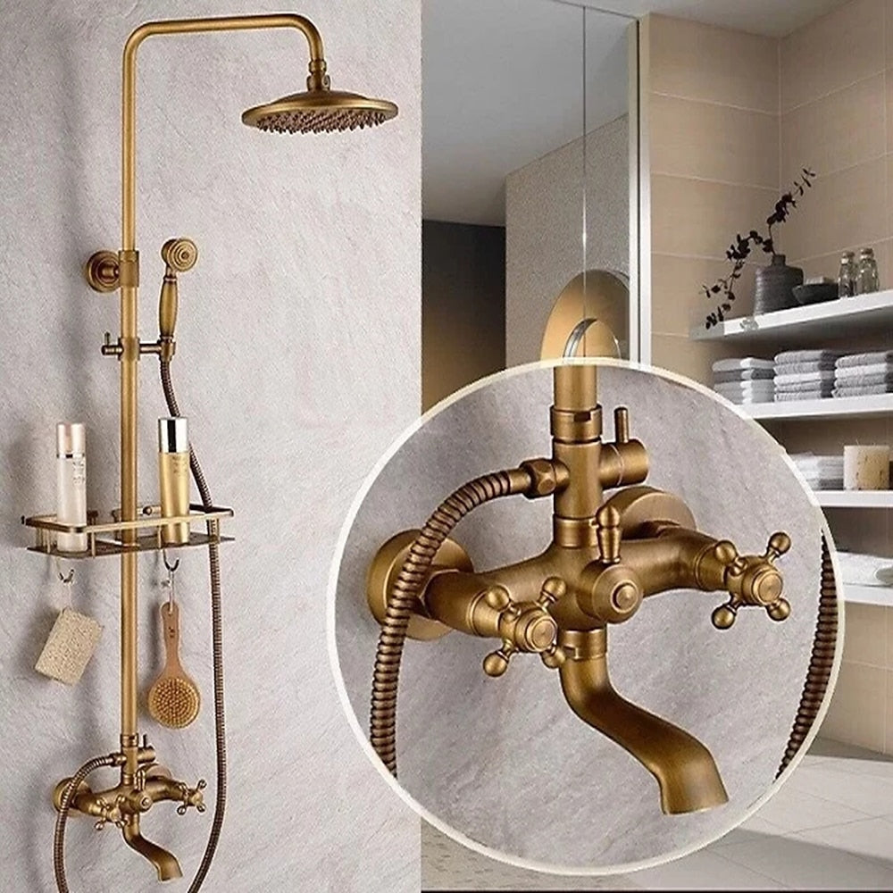 Antique Brass Rainfall Shower System, Wall-Mount Double Cross Handle Shower Faucet with Handheld Shower / Swivel Tub Spout