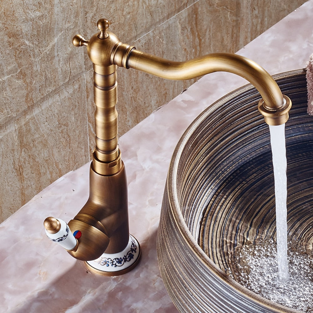 Antique Brass Traditional Single-Hole Bathroom Faucet, Single-Handle High Arc Vessel Sink Faucet with Ceramic Lever