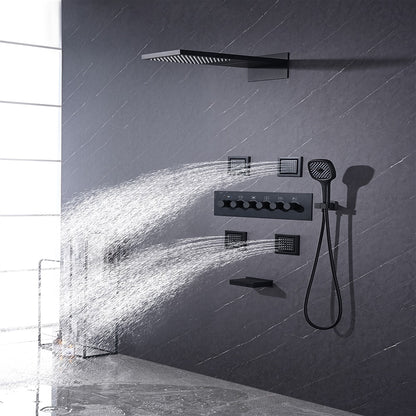 Matte Black Thermostatic Waterfall Rainfall Contemporary Shower System, Wall-Mount 5-Function Brass Faucet with Handheld Shower