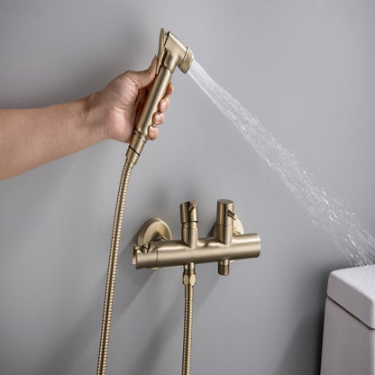 Contemporary Wall-Mounted Bidet Faucet, Dual-Handle Bidet Sprayer Set with Hose, Matte Black / Brushed Gold / Chrome / Gunmetal