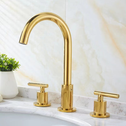 Modern 3-Hole Widespread Bathroom Faucet, Brass Dual-Handle Faucet with 360-Degree Swivel Spout, Chrome / Matte Black / Polished Gold