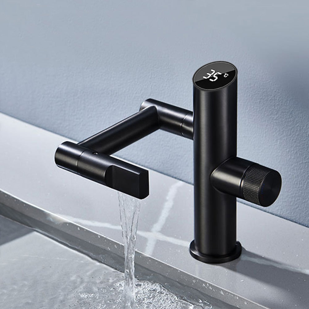 LED Digital Display Single-Hole Single-Handle Bathroom Faucet, Swivel Spout Brass Faucet, Matte Black / Matte White / Gunmetal