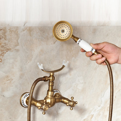 Antique Brass Wall-Mount Tub Filler Faucet, Double Cross Handle Telephone Bath Mixer Tap with Handheld Shower