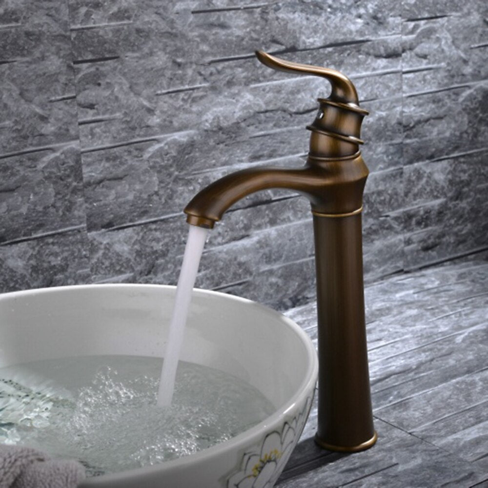 Antique Brass Traditional Vessel Sink Faucet, Single-Handle Tall Body Bathroom Faucet