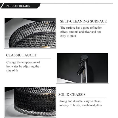 Modern Round Tempered Glass Vessel Bathroom Sink, Vanity Wash Basin Set with Chrome Faucet