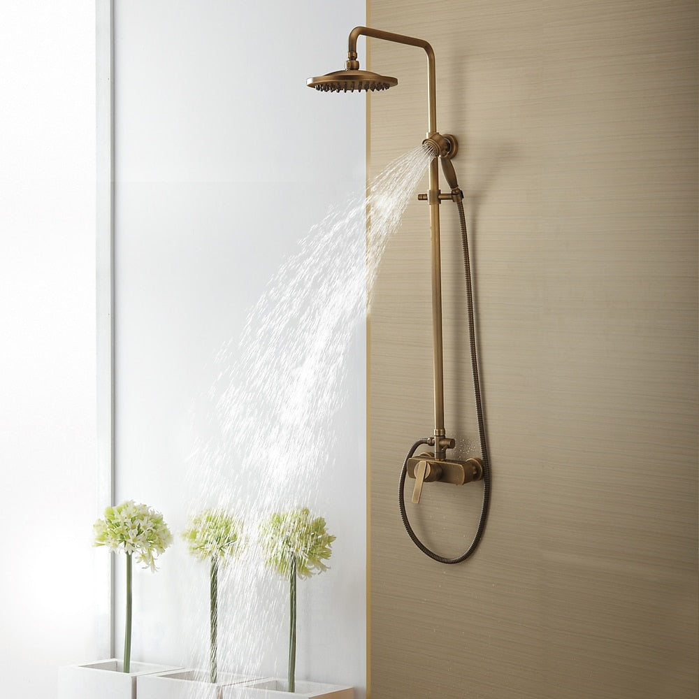 Antique Brass Wall-Mounted Shower System, Rainfall Shower System with Handheld Shower