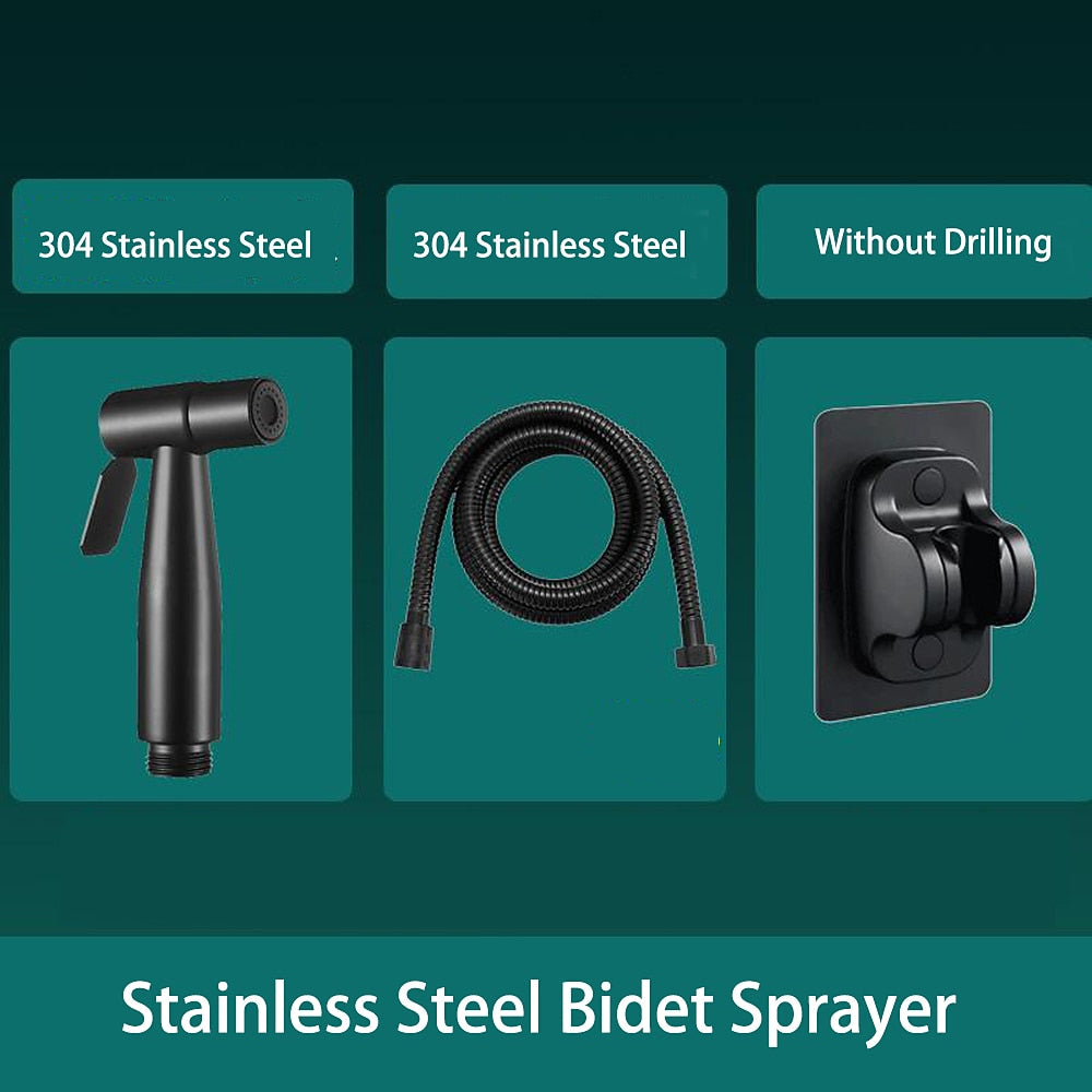 No-Drilling Wall-Mount Bidet Sprayer Set, Handheld Toilet Shattaf Sprayer, Stainless Steel / Matte Black