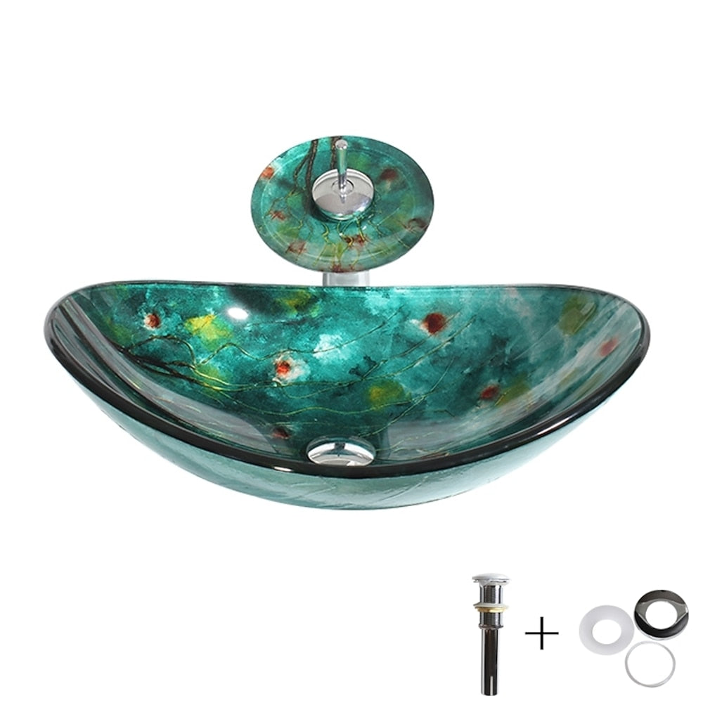 Green Art Tempered Glass Waterfall Vessel Sink Faucet Set, Single-Handle Chrome Deck-Mount Faucet with Pop-Up Drain