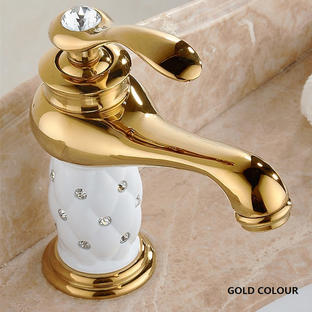 Vintage Rhinestone Ceramic Bathroom Faucet, Single-Hole Single-Handle Brass Faucet, Chrome / Polished Gold