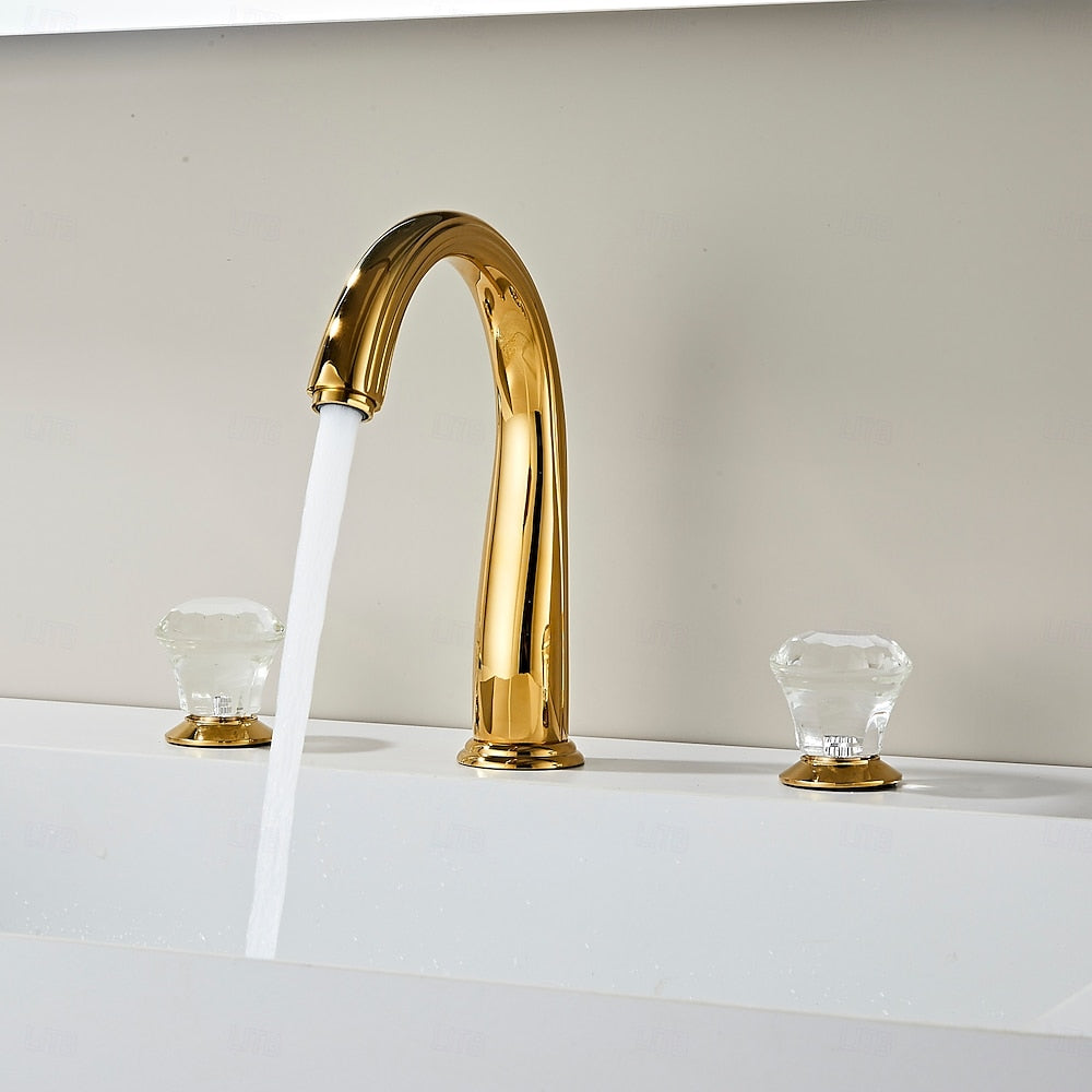 Polished Gold Modern Widespread Bathroom Faucet, 3-Hole Dual-Handle Sink Faucet with Crystal Knob Handles