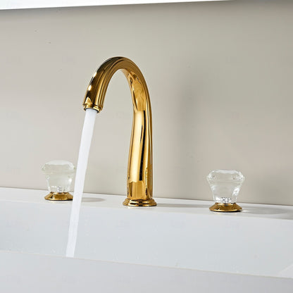 Polished Gold Modern Widespread Bathroom Faucet, 3-Hole Dual-Handle Sink Faucet with Crystal Knob Handles