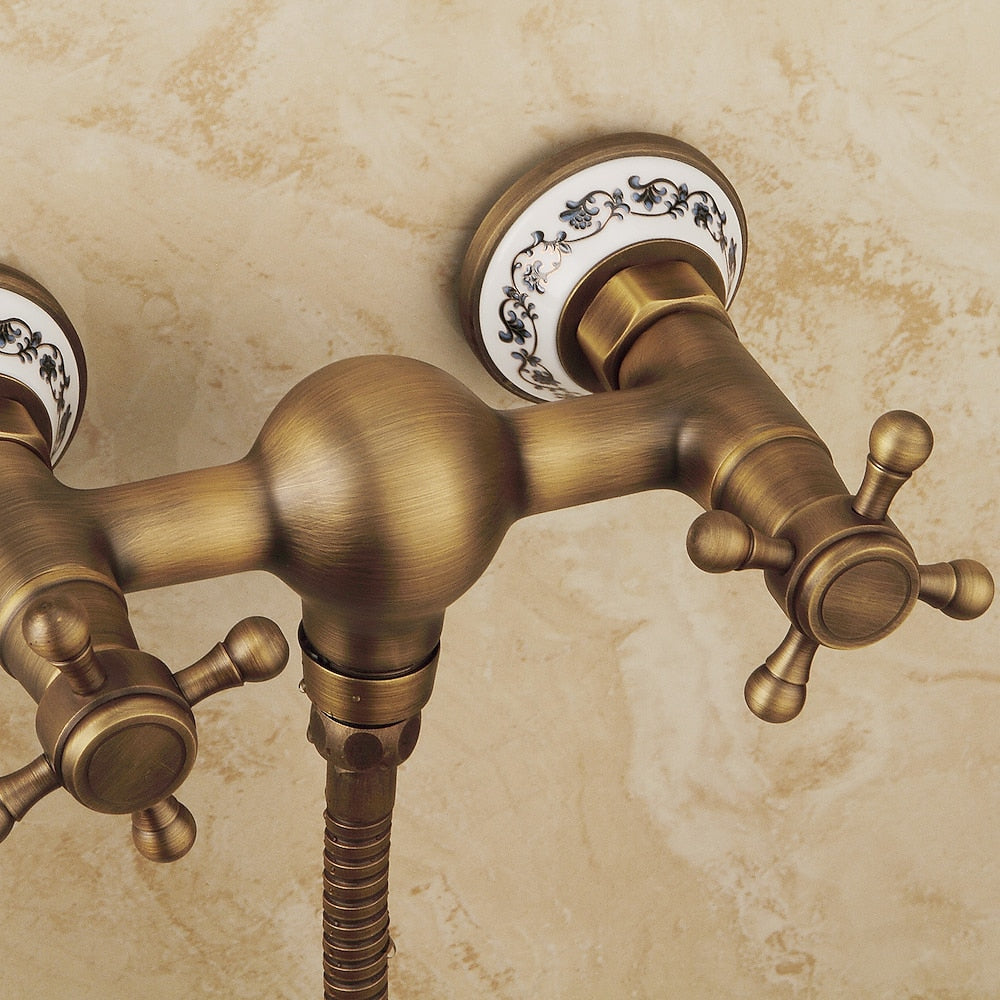 Antique Brass Wall-Mount Shower Faucet Set, Vintage Double-Handle Brass Shower Faucet with Handheld Shower