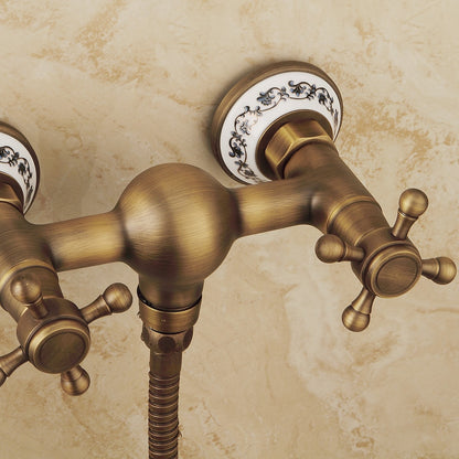 Antique Brass Wall-Mount Shower Faucet Set, Vintage Double-Handle Brass Shower Faucet with Handheld Shower