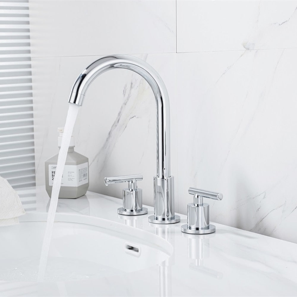 Modern 3-Hole Widespread Bathroom Faucet, Brass Dual-Handle Faucet with 360-Degree Swivel Spout, Chrome / Matte Black / Polished Gold