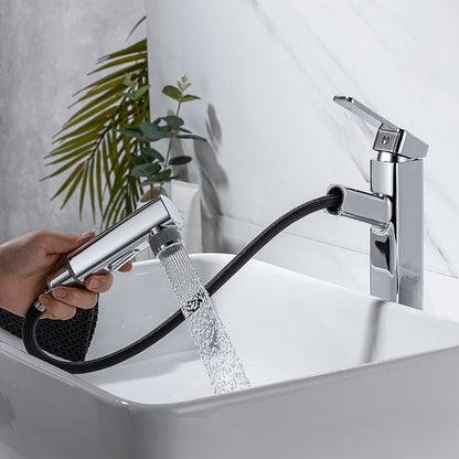 Pull-Out Single-Hole Brass Bathroom Faucet, Upward Fountain Spout Faucet, Chrome / Matte Black / Brushed Gold / Gunmetal