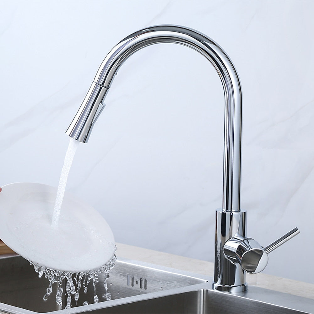 Brushed Nickel Pull-Down Kitchen Faucet, High-Arc Single-Handle Swivel Faucet