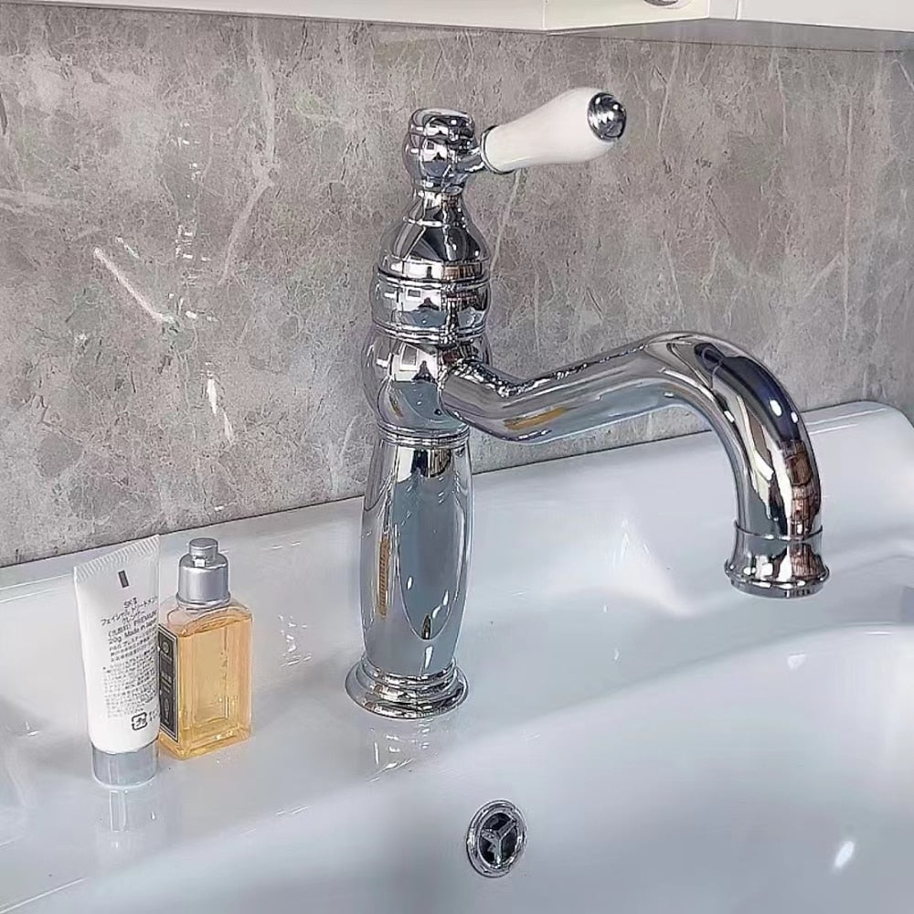 Traditional High Arc Bathroom Sink Faucet, Single-Hole Deck Mount Faucet with Ceramic Lever Handle, Polished Gold / Chrome / Antique Brass