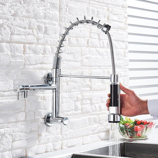 Lagomel wall-mounted pre-rinse kitchen faucet in chrome, set in a Modern/Contemporary/Minimalist kitchen