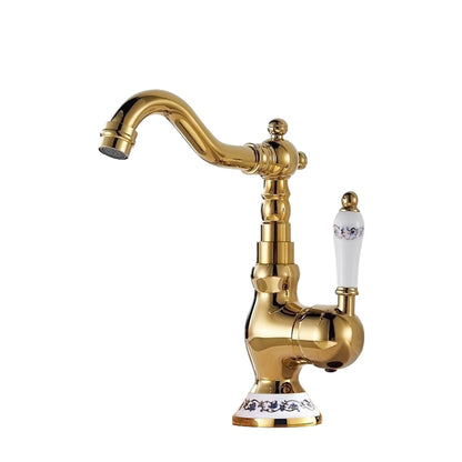 Traditional Swivel Spout Bathroom Faucet, Single-Hole Single-Handle Ceramic Lever Faucet, Antique Brass / Chrome / Polished Gold