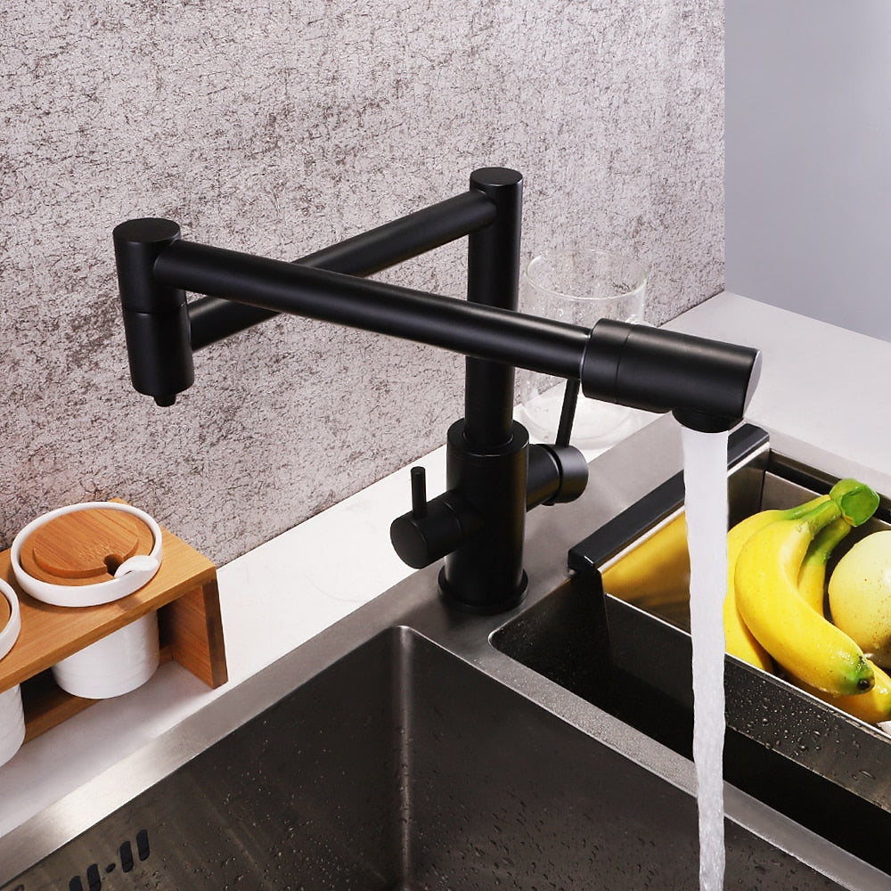 Foldable Dual-Joint Pot Filler Kitchen Faucet, Deck-Mount Single-Hole Two-Handle Faucet, Matte Black / Brushed Nickel