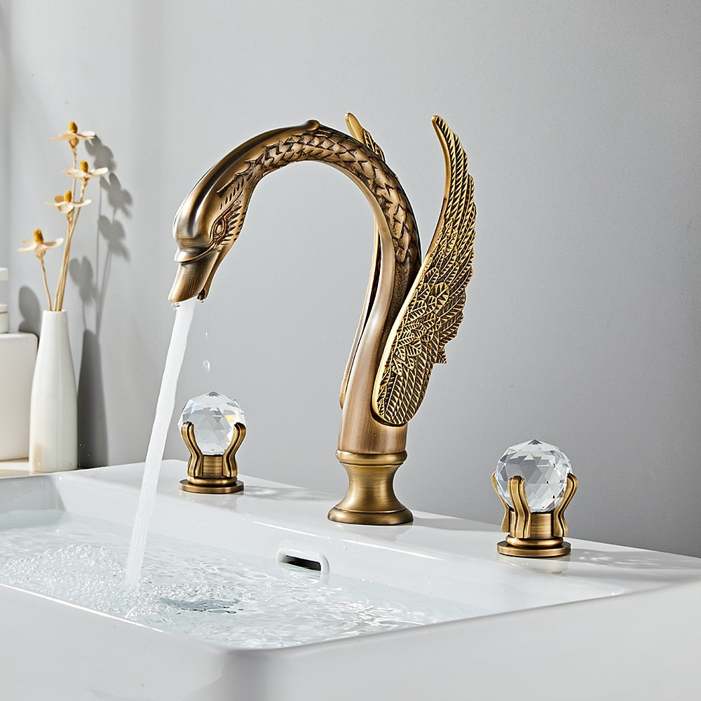 Swan-Shaped Widespread Bathroom Faucet, Double-Handle Brass Basin Faucet with Crystal Knob Handles, Antique Brass / Polished Gold / Chrome / Matte Black
