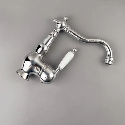 Traditional Ceramic Lever Handle Bathroom Faucet, Single-Hole Deck Mount High Arc Spout Faucet, Antique Brass / Chrome / Gunmetal / Matte White / Polished Gold