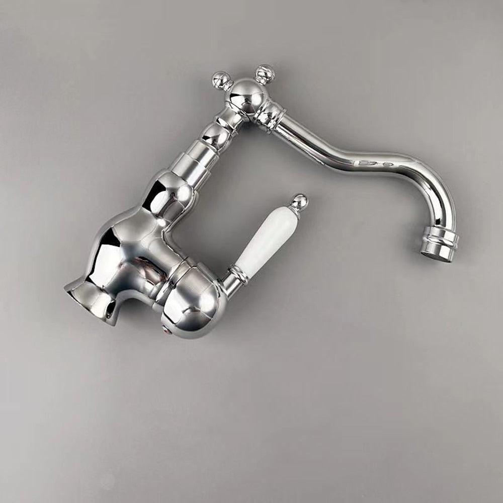 Vintage Single-Hole Bathroom Faucet, Single-Handle Swivel Spout Basin Faucet, Polished Gold / Chrome / Matte White / Gunmetal / Antique Brass