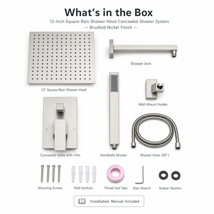 12-Inch Square Rain Shower Head Concealed Shower System, Brushed Nickel