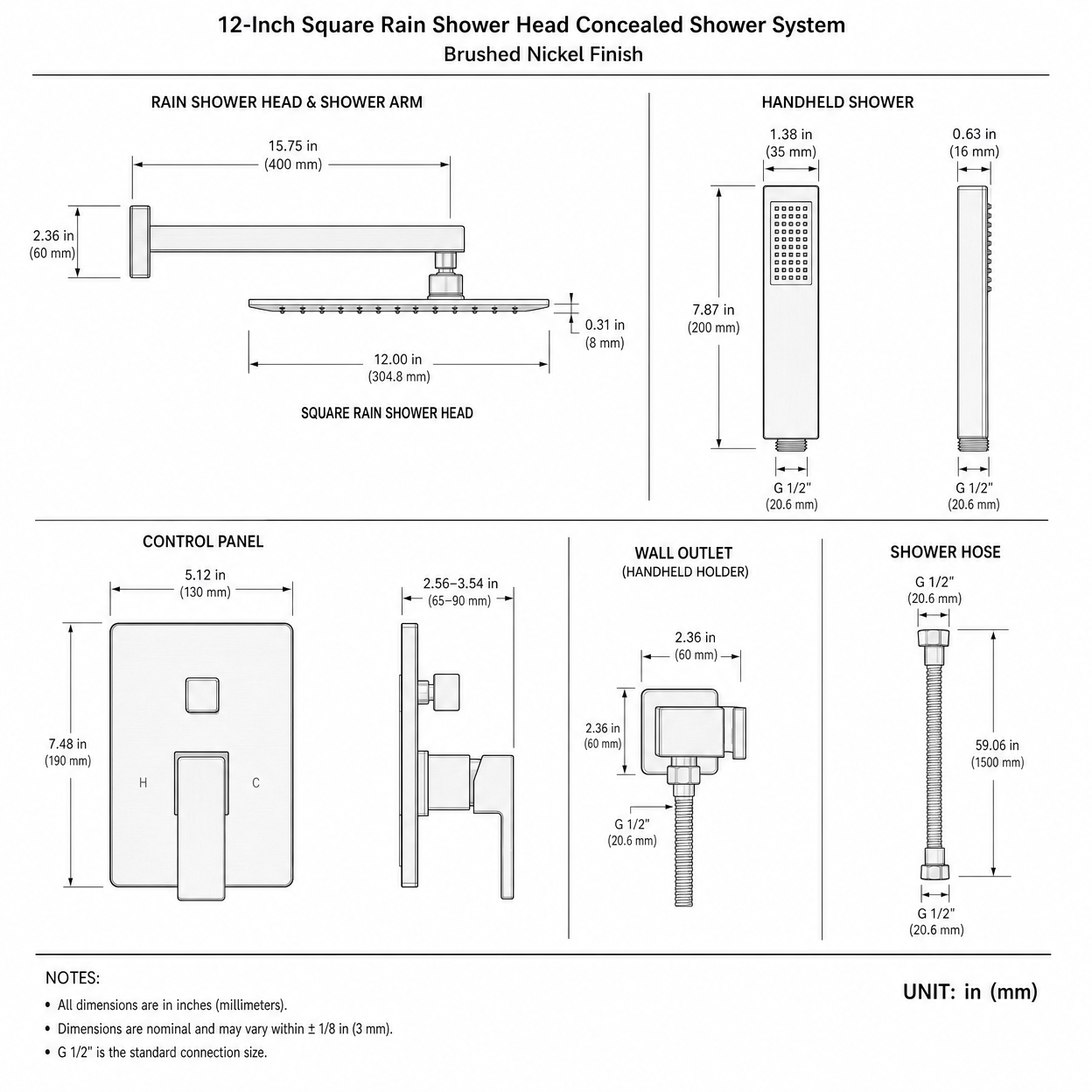 12-Inch Square Rain Shower Head Concealed Shower System, Brushed Nickel