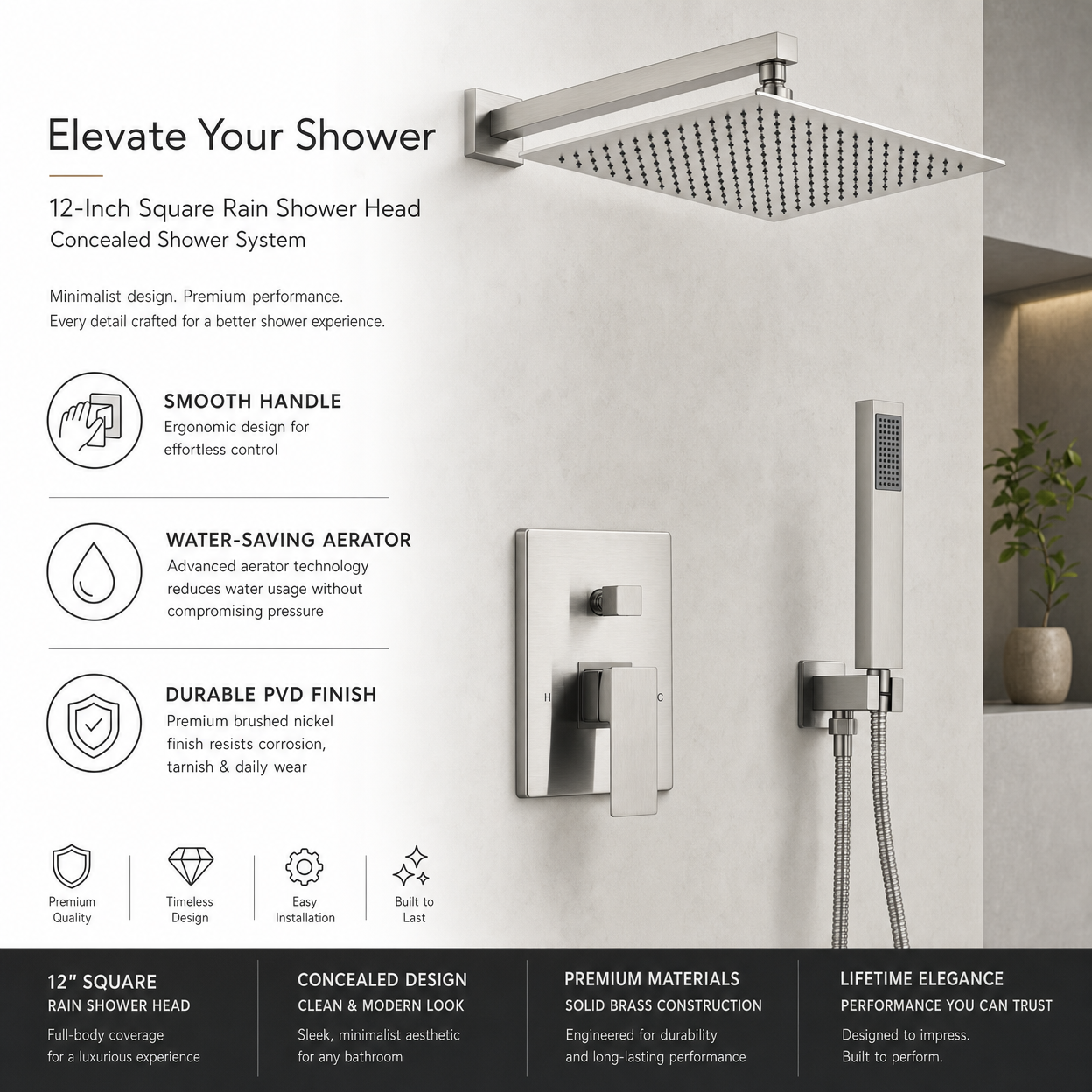 12-Inch Square Rain Shower Head Concealed Shower System, Brushed Nickel