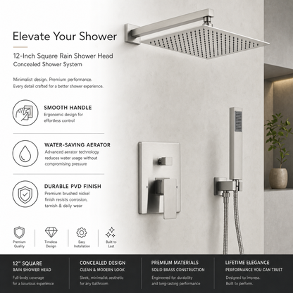 12-Inch Square Rain Shower Head Concealed Shower System, Brushed Nickel